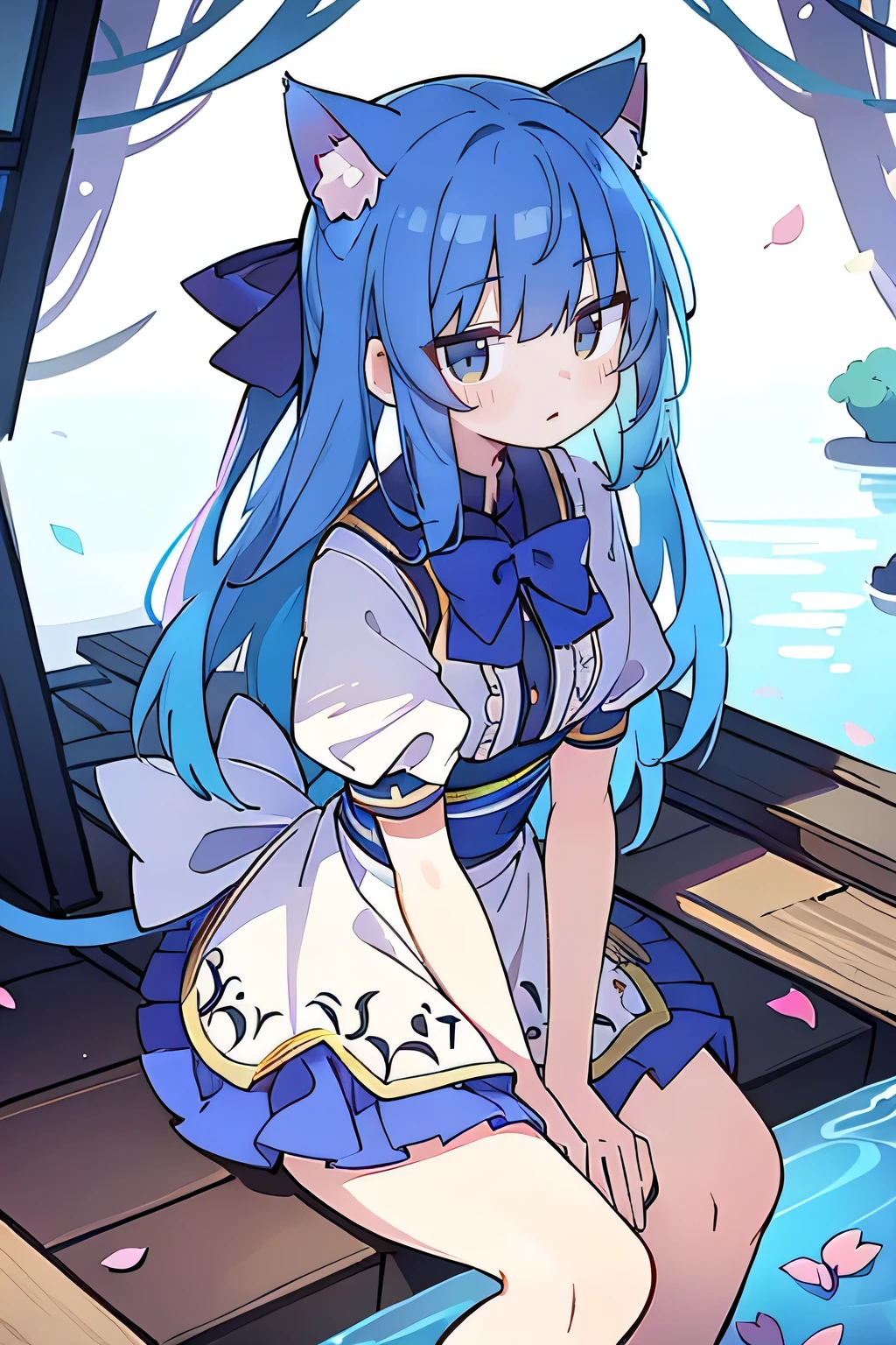 (masterpiece:1.2),ultra-detailed,realistic,expressive eyes,fair-skinned,perfectly shaped face,1girl,
Japanese cartoons,Gorgeous blue hair, flowing blue hair,floating clothes,cat ears,petals falling,beautiful Lola,Hina Angel,
hands on waist,gracefully sitting on the ground,legs crossed,gentle and serene background,cool and comfortable pavilion,shy face ,night .