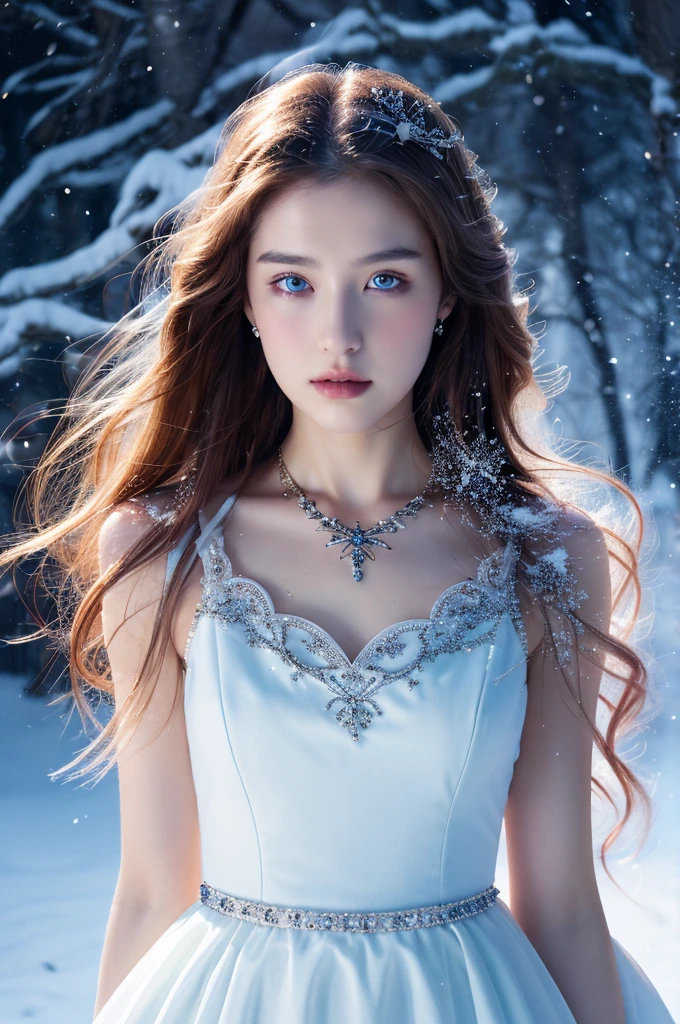 ( masterpiece, top quality, best quality,8k,17 years old girl,ultra detailed,raw photo:1.5),(photorealistic:1.4),(cinematic lighting), PerfectNwsjMajic, , Surrealism, UHD, ccurate, Super detail, textured skin, High detail, Best quality, dynamic angle, (high nose,White skin),[Beautiful blue eyes],[flat chest:large breasts:0.5],(1girl),(good anatomy:0.5)), of a woman in a dress with a sword, a beautiful fantasy empress, ((a beautiful fantasy empress)), beautiful fantasy maiden, jewelry, splendor ,snow