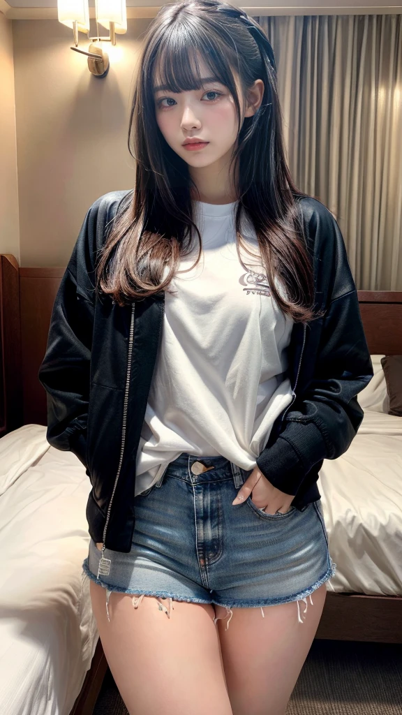 muste piece, best quality, illustration, Super detailed, fine details, High resolution, 8K,wall paper, perfect dynamic composition,(Details High quality, realistic depiction of eyes:1.3), (Fashionable, Baseball Jacket, Oversized T-shirt, a denim miniskirt), long straight hair, black hair color, Big Natural Color Lip, crying a little、cold gaze, Harajuku style、20 year old girl、cute type、ta、beautiful legs, hotel room, Gravure Idol, Voluptuous thighs