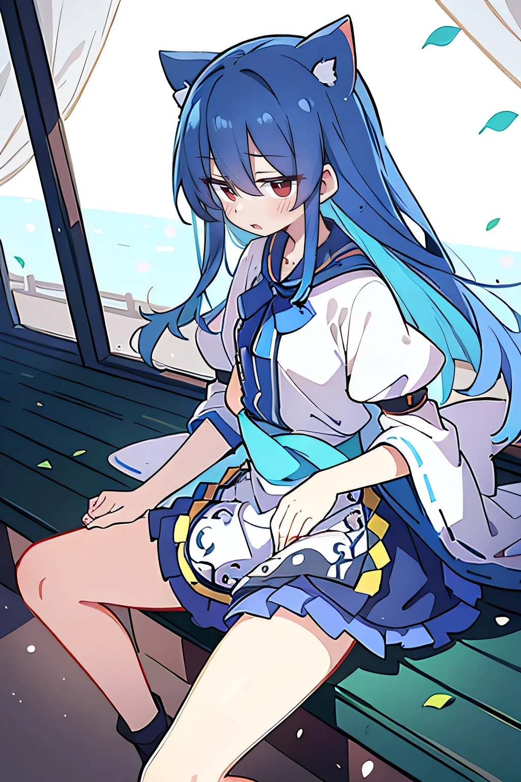 (masterpiece:1.2),ultra-detailed,realistic,expressive eyes,fair-skinned,perfectly shaped face,1girl,
Japanese cartoons,Gorgeous blue hair, flowing blue hair,floating clothes,cat ears,petals falling,beautiful Lola,Hina Angel,
hands on waist,gracefully sitting on the ground,legs crossed,gentle and serene background,cool and comfortable pavilion,shy face ,night .