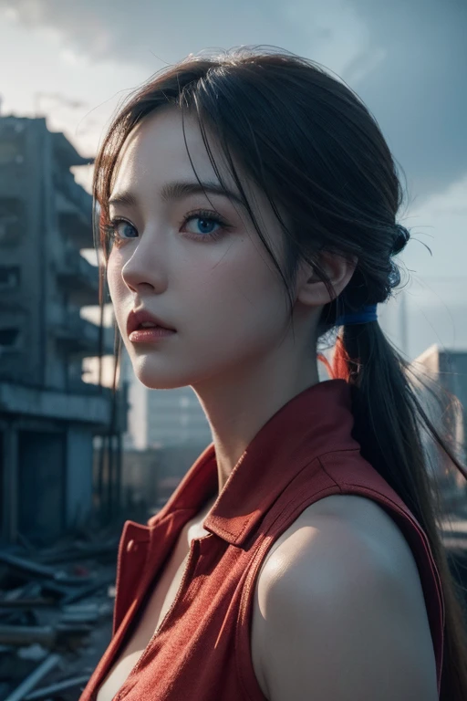 (best quality,ultra-detailed,realistic:1.37),anime art,red cap,ponytailed girl,blue glow surrounding her,grim sky,dilapidated building in the background,blue eyes,wound on the character's face,illustration