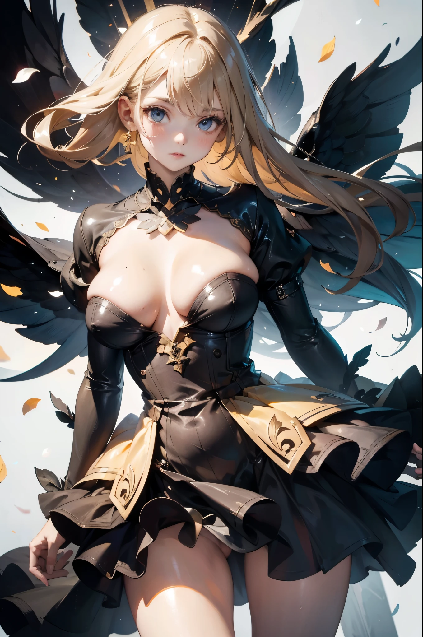 (masterpiece, high resolution, best quality), Composition from head to thighs:1.3, upper body focus, A 20-year-old woman,Wearing a large piece of cloth., Blonde hair, Disorganized, Petals Collage, Abstract Design, Art juxtaposition, White background, Mixed media approach, anime style, Simple lines, number,((Very large breasts)),((Grooves reveal original skin))