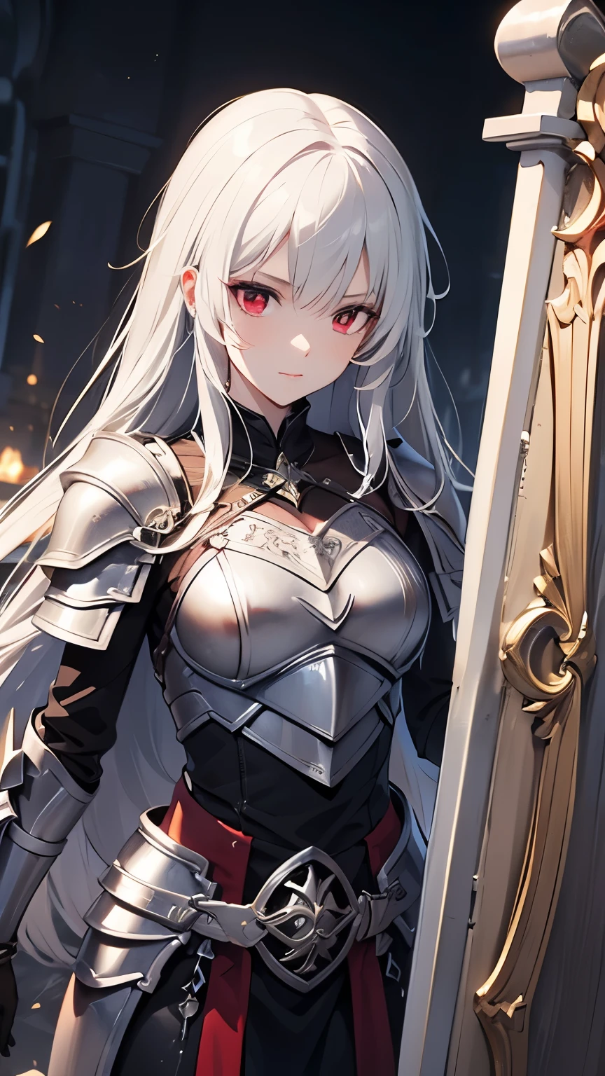 ((highest quality)), ((masterpiece)), (detailed), Perfect Face, (albino), knight, ((Long white hair, White skin, Red eyes)), (Black magic sword), A great sword engraved with red runes., Crazy Eyes, Troublesome Cheeks, Fantasy novels, 25-year-old woman, ((Silver armor and gloves)), engraved shield