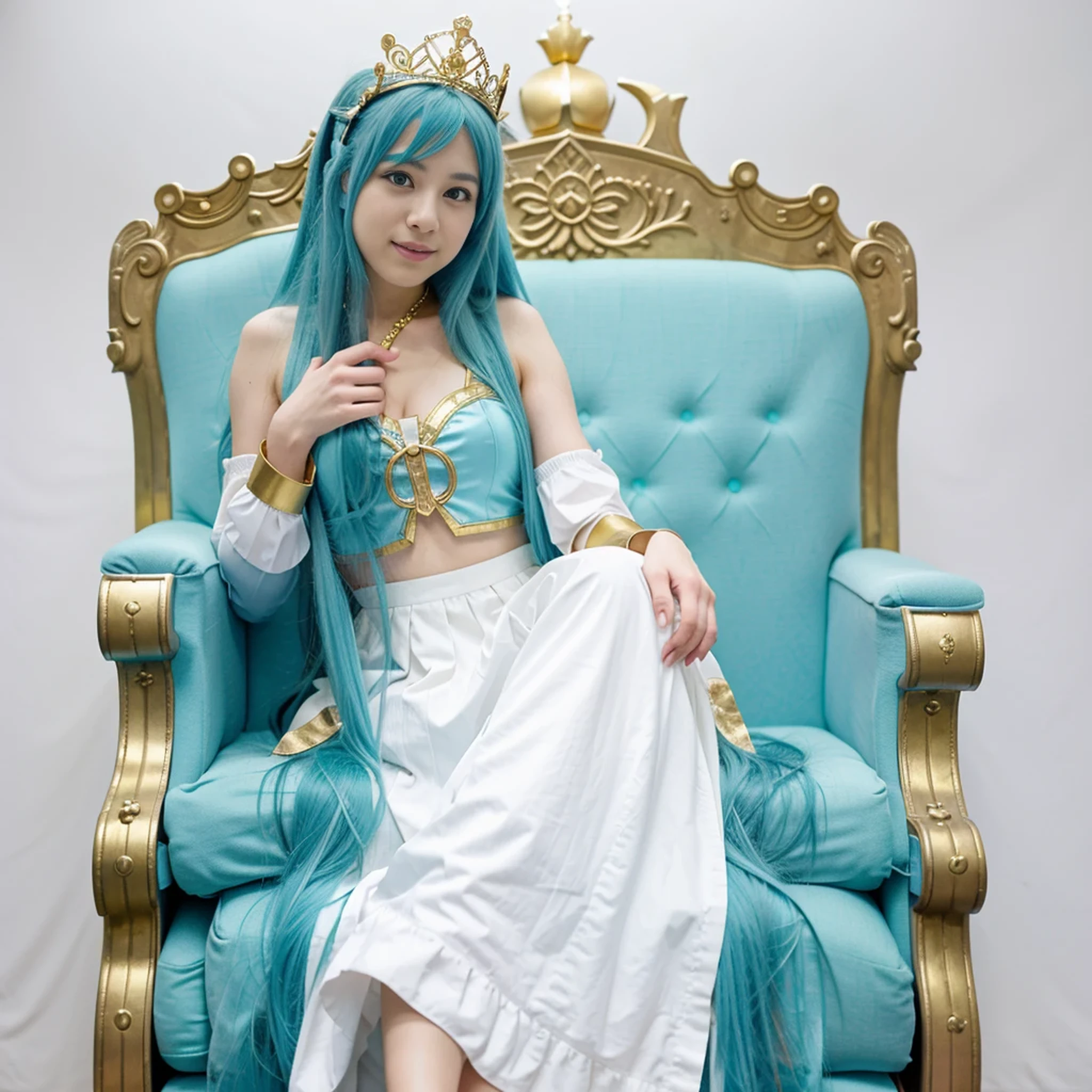 1girl, Hatsune Miku, princess outfit, crown, gold, ((throne)), in a castle, Middle Ages, wearing a blue vest, one foot on the ground, the other foot calf turned outward, one hand holding the microphone, the other hand across the eyes Biye, white background