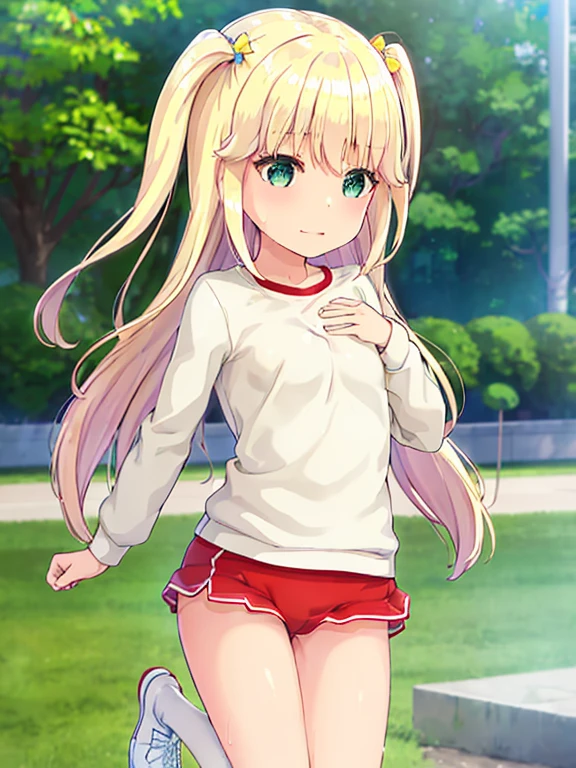 Shi○ru○, 1 girl, highest quality, Very detailed, (masterpiece), (figure), School, Outdoor , Long sleeve, Blonde, Long Hair, Green Eyes, Both sides up, Eyebrows visible through hair, Shine, bangs, Shine, Flat Chest,White gym clothes,Red Bloomers,nude,topless,Cum on my chest,Vaginal,Sex,