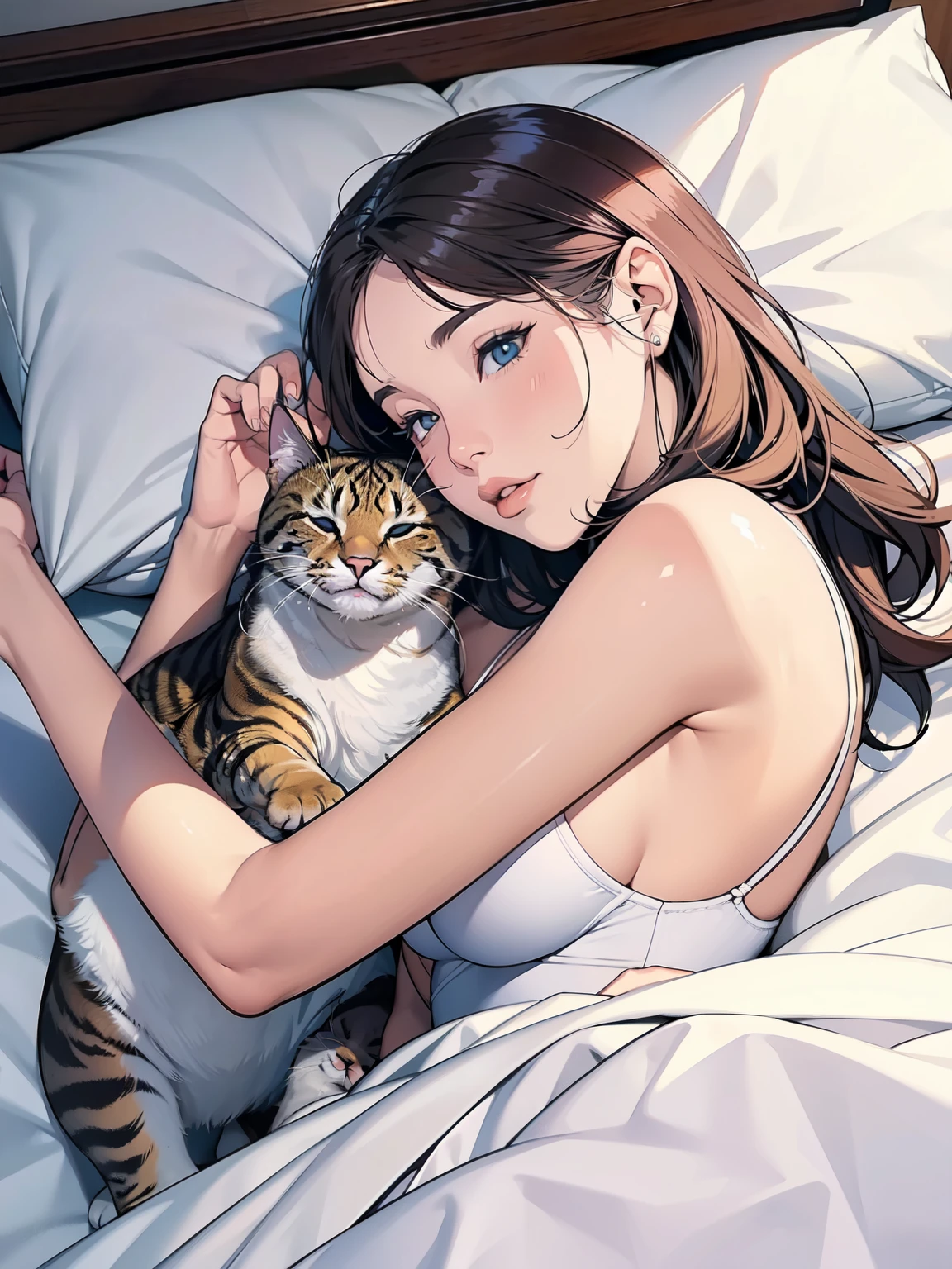 Woman sleeping in bed１people、Woman and sleeping cat１Animals、The cat is lying down、A woman&#39;s body and a cat&#39;s body do not overlap