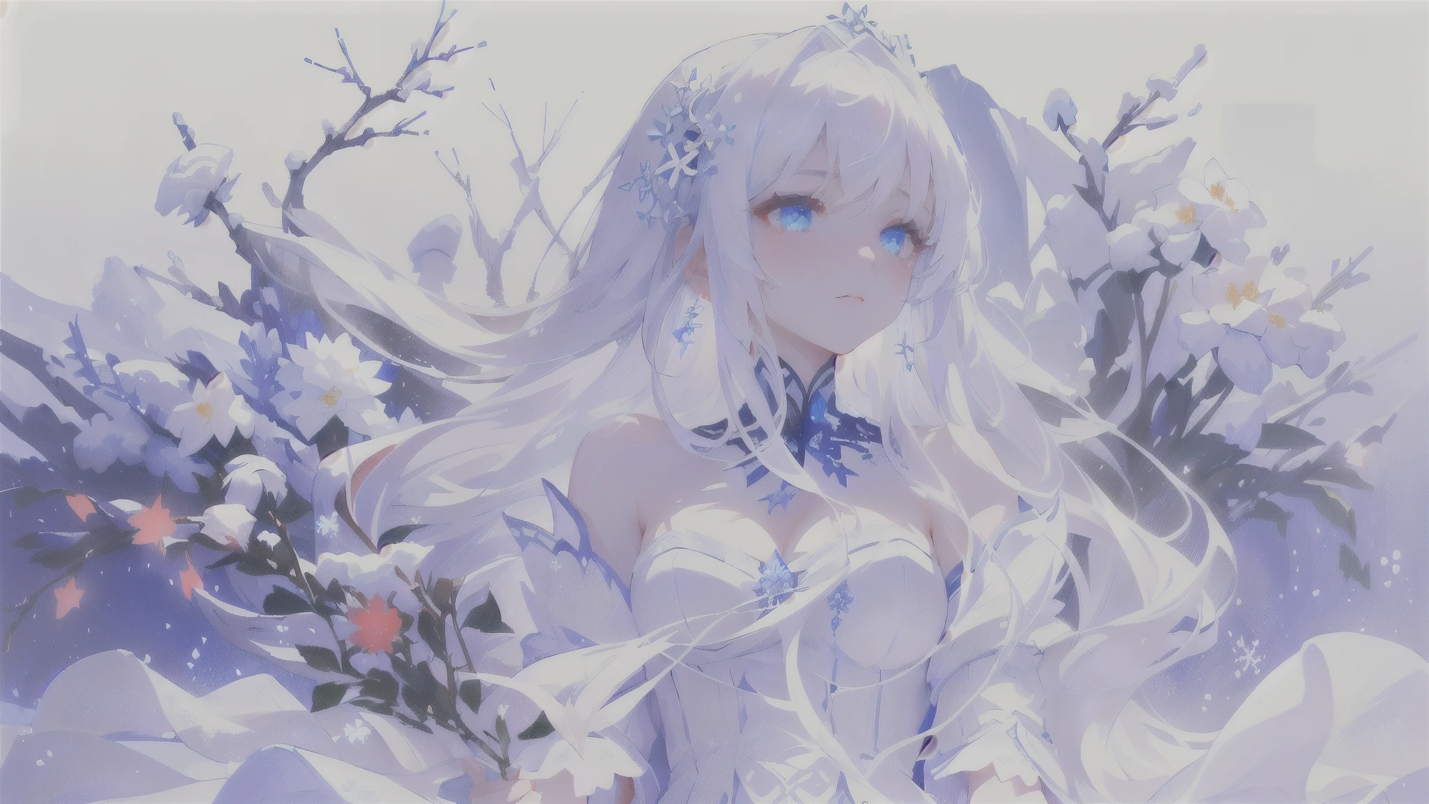 masterpiece, one girl, snow, red eyes, long white hair, white frozen flowers, sad look, blue eyes, ultra detailed, high quality, standing, white dress, flower ornament, medium sized breasts,