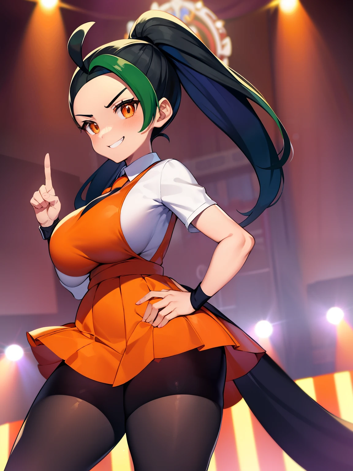 Pokémon、Nemo、big tits milf、big tits milf、big  milf、solo、Nemona、long hair、orange eyes、ponytail、look at viewer、black pantyhose、gloves、orange tie、orange shorts、short sleeve、、stage、Stage Lights、Spotlight、peace sign、dutch angle、smile