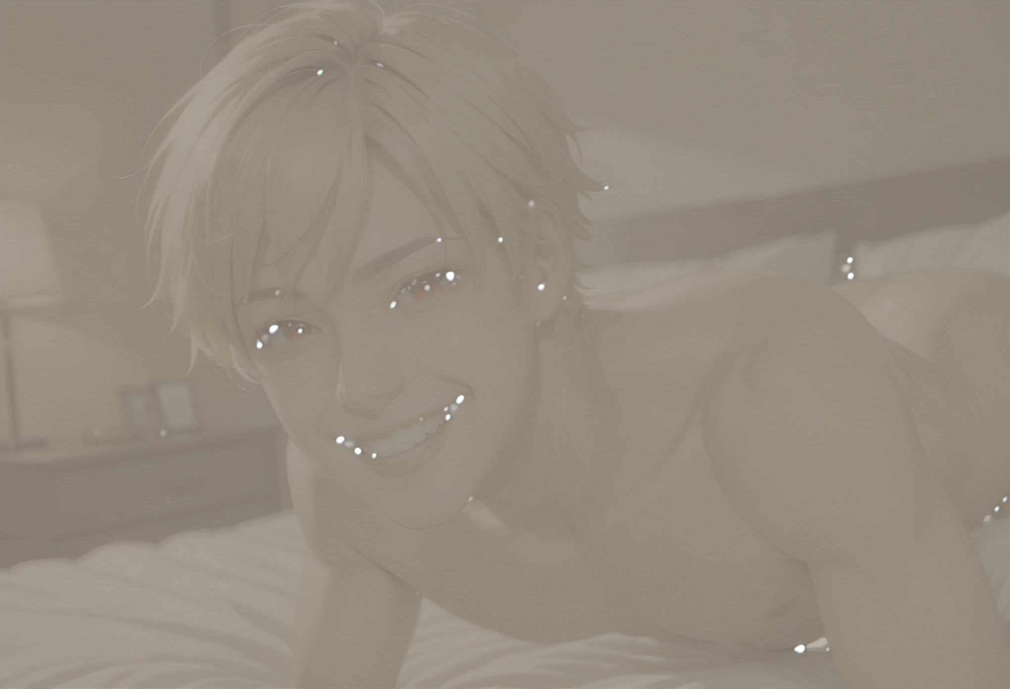 Man, blonde, medium-short hair, red eyes, blonde, grinning face, on bed, on all fours, erection
