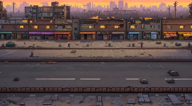 a close up of a street with few buildings,  grimy streets backdrop, beautiful detailed pixel art, city ruins background, ruined cityscape, street background, background is a city in ruins, post - apocalyptic city streets, outdoors ruined cityscape, detailed pixel art, destroyed city in the background, ruined city in the background