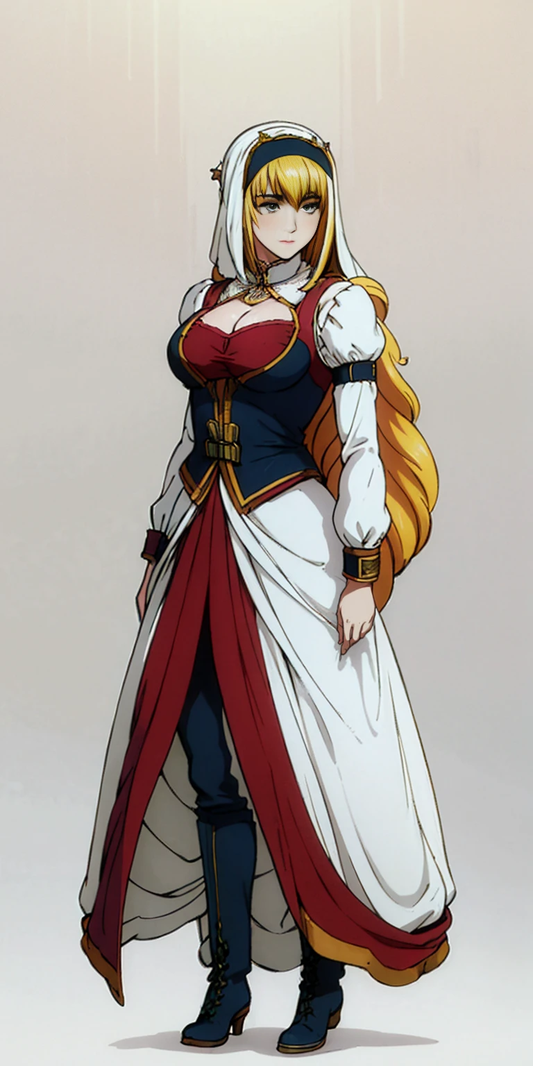 full body of a woman in a dress with a veil, feet together, standing feet together, militar boots, beautiful fantasy maiden slave warrior, beautiful fantasy art portrait, fantasy victorian art, medieval fantasy art, beautiful and elegant queen Roxxane, portrait of queen of light, fantasy portrait art, gothic fantasy art, a beautiful fantasy empress, ((white background))