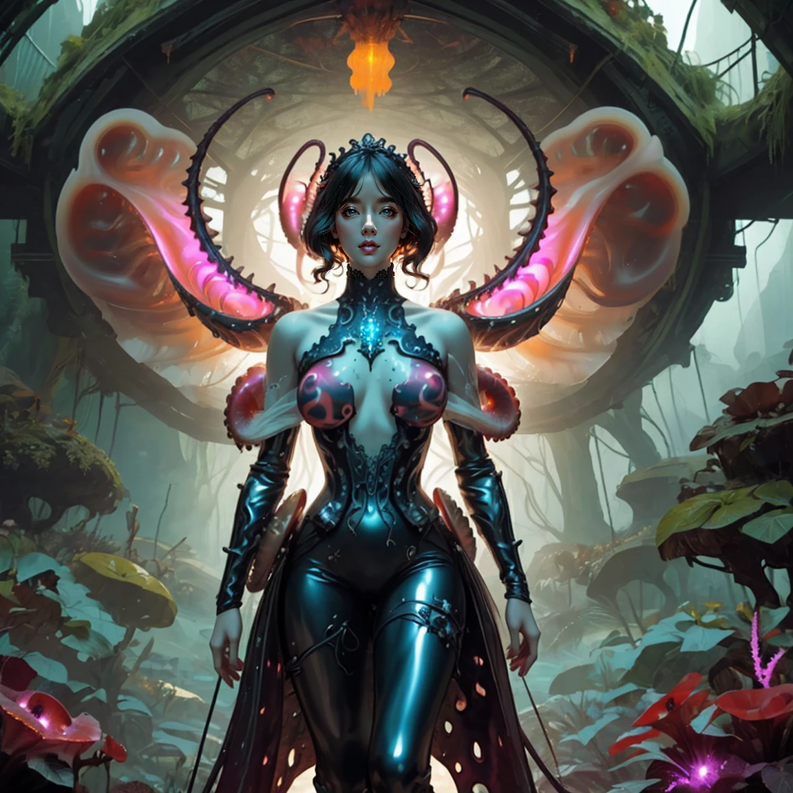 1 girl,sexy armor, green plants，pink leggings, shiny_astride, axially symmetrical, (exposed shouldersbare shoulders:1.1), Huge dark bloody Angel wings，rich background, film shooting, depth of field, Super visual, The art of HR Giger and Beksinski blende in detail, Bloodstained skeletons:1.5，dropping saliva:1.5，Stabbed Huge eyeball:1.5，Bare brain:1.5，a large amount of mucus:1.5，Pepperoni，A large number of homogeneous species:1.5，SPR:1.5，anatomy correct:1.5， Psychedelic background，pink smoke，Dark horror scene. Sharp images, Use edge lights to render at 8K resolution, It shows a terrifying environment full of Lovecraft's tentacles，They twist and pulsate in neon lights. HDR lighting creates complex and detailed shadows on a distorted background, Mutant humanoid. Distorts the environmental structure due to glitch and distortion effects, Surreal and dreamlike elements，Such as a close-up of floating inverted structures and decaying flesh，Create a feeling of disturbing and disorientation. Religious and mystical symbols are scattered against an intricate backdrop，Add a touch of supernatural horror to this already insanely terrifying masterpiece，dream-like, fantasy creation, dream snail, (biopunk nautilus:1.3),thrilling color scheme, amazing mutation, fractal, Geometric pattern, impossible number of transparent white tentacles with luminescent organs:1.4),ezh