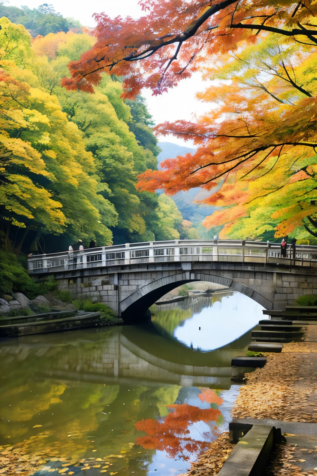 Togetsu Bridge、A 155-meter bridge over the Katsura River、Autumn leaves、Dyed red。