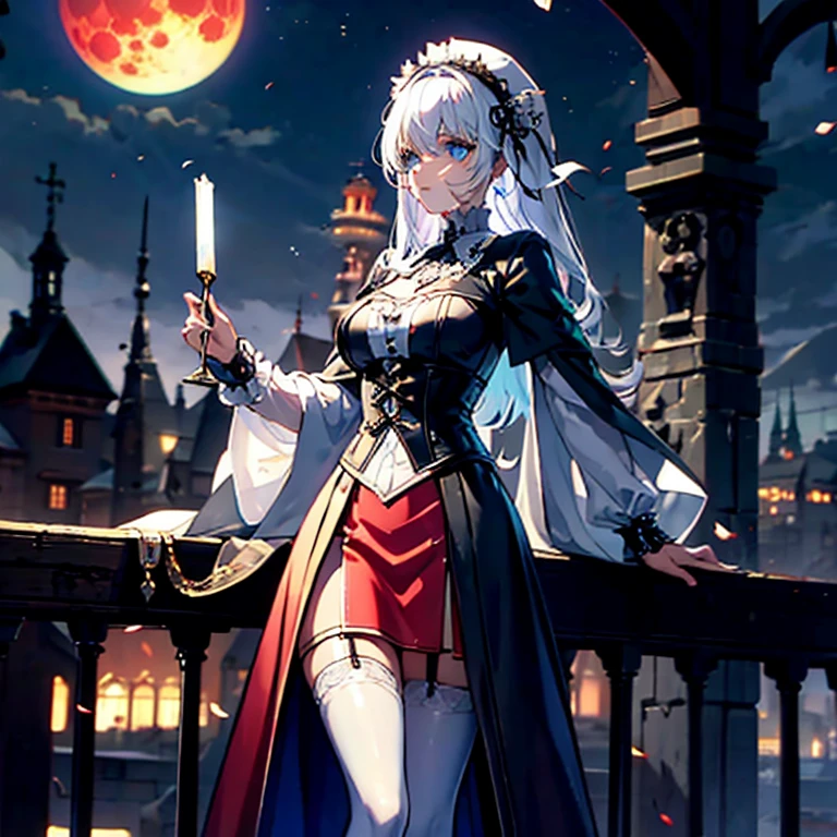 (Obra maestra, mejor calidad:1.2), 1 chica, solo,preciso,A woman with elements of Lady Maria from Bloodborne, Akiha Tohno, Weiss Schnee, and Scheneee from Synduality, with long shullet-style silver hair with crimson tips, celestial blue eyes, wearing Victorian, nun, and medieval-inspired clothing including a short garter belt and a handkerchief skirt, standing on a balcony overlooking a city with Victorian and medieval architecture during a night with a blood moon and fog to create an atmosphere of mystery
