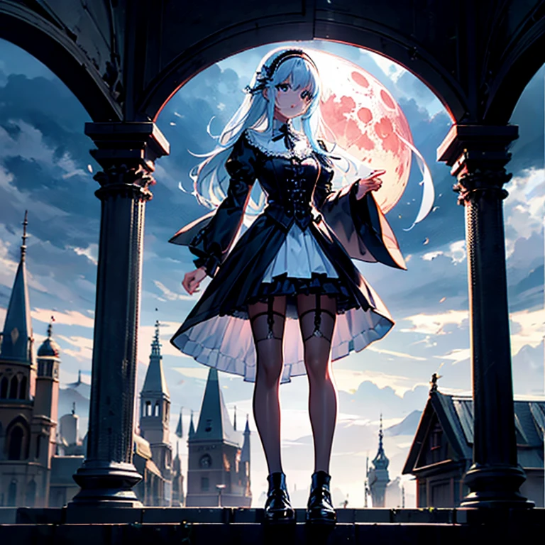 (Obra maestra, mejor calidad:1.2), 1 chica, solo,preciso,A woman with elements of Lady Maria from Bloodborne, Akiha Tohno, Weiss Schnee, and Scheneee from Synduality, with long shullet-style silver hair with crimson tips, celestial blue eyes, wearing Victorian, nun, and medieval-inspired clothing including a short garter belt and a handkerchief skirt, standing on a balcony overlooking a city with Victorian and medieval architecture during a night with a blood moon and fog to create an atmosphere of mystery
