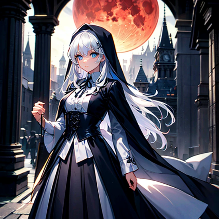 (Obra maestra, mejor calidad:1.2), 1 chica, solo,preciso,A woman with elements of Lady Maria from Bloodborne, Akiha Tohno, Weiss Schnee, and Scheneee from Synduality, with long shullet-style silver hair with crimson tips, celestial blue eyes, wearing Victorian, nun, and medieval-inspired clothing including a short garter belt and a handkerchief skirt, standing on a balcony overlooking a city with Victorian and medieval architecture during a night with a blood moon and fog to create an atmosphere of mystery
