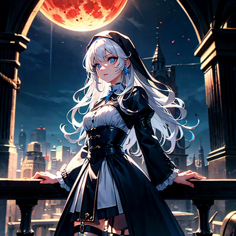 (Obra maestra, mejor calidad:1.2), 1 chica, solo,preciso,A woman with elements of Lady Maria from Bloodborne, Akiha Tohno, Weiss Schnee, and Scheneee from Synduality, with long shullet-style silver hair with crimson tips, celestial blue eyes, wearing Victorian, nun, and medieval-inspired clothing including a short garter belt and a handkerchief skirt, standing on a balcony overlooking a city with Victorian and medieval architecture during a night with a blood moon and fog to create an atmosphere of mystery
