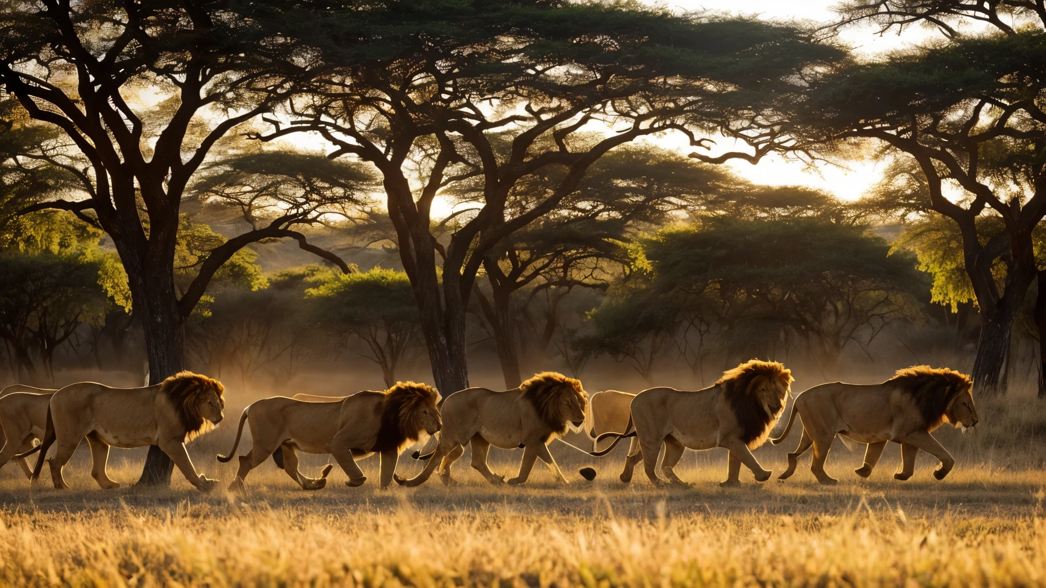 An image of a lion leading a pride of lions through uncharted savannah terrain, symbolizing the exploration of new territories and the pursuit of growth and development.