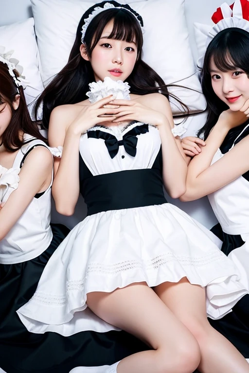 (Full Body of Extremely Detailed((12 Sexy Maid Group:1.4))), KAWAII perfect face, Reflective Eyes, Detailed(Delicate Clothing textures), Correct Stretchy graceful legs, Dynamic Joyful Expressions LifeLike Rendering, Specular Reflection, TopQuality 8K Ultra-detailed masterpiece (ProfessionalPhoto:1.37), (Acutance:0.8), (Luminism:1.28), Renaissance art style, (Colorful Light particles), ((Full body from side)) {Kissing Face to Face|Cute Peach AssFocus|(NakedApron with Overflowing SideBoob)}, Radiant Fine Skin with Transparency, (Exposed:0.4) {Pink Hair|LightBlue Hair|Pure White Hair|Blonde|Liquid Hair|Red Shoes}, Perfect Lighting, {(Couch:0.6)|(Counter Table:0.8)}