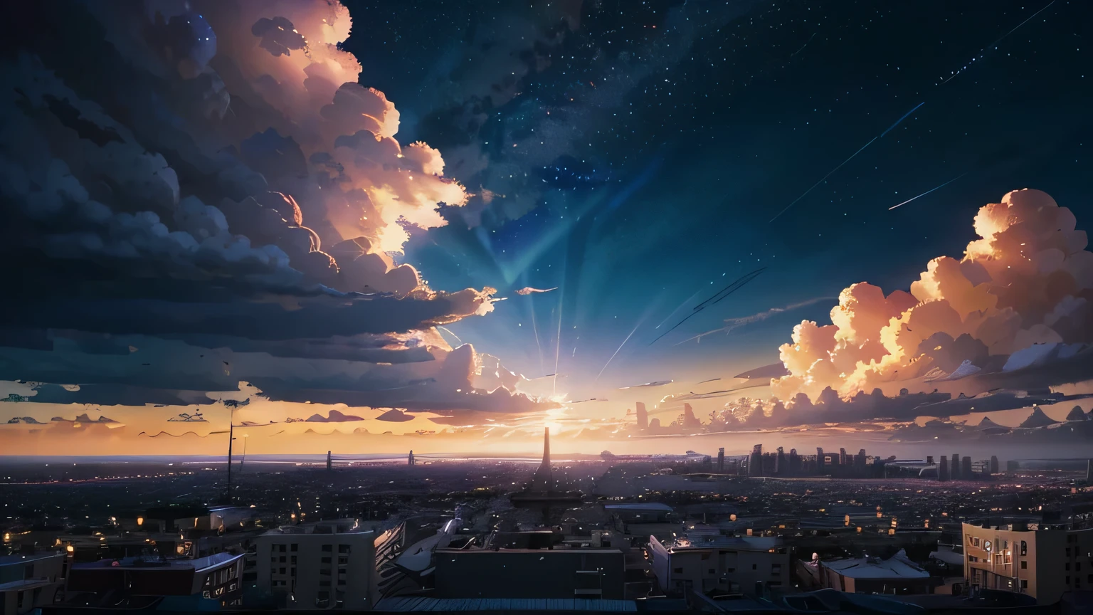 There is a photo of the sky with clouds, Stars and Full Moon, Two meteors, And the sky of space. Anime Sky, Anime Cloud, blue sea. makoto shinkai, makoto shinkai, Ross Page, - H 2160, Natsu, tumbler, magical realism, Beautiful anime scene, Beautiful sky. makoto shinkai, ((makoto shinkai)), Anime Background Art, Anime Background, Anime movie background, No humans pink