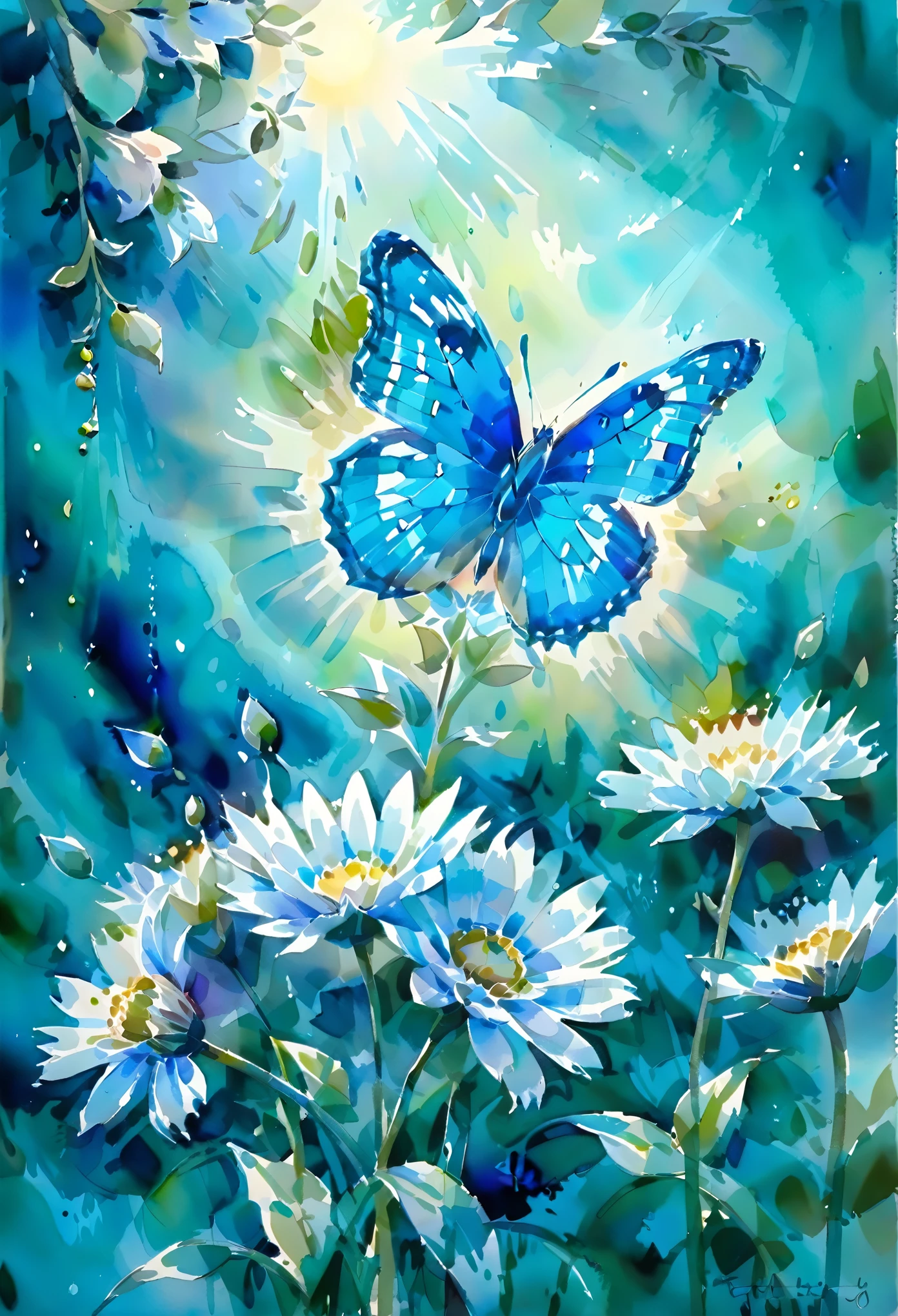 flowers turn into light a blue sparkling butterfly in random sizes, impressionism, watercolor, tilting