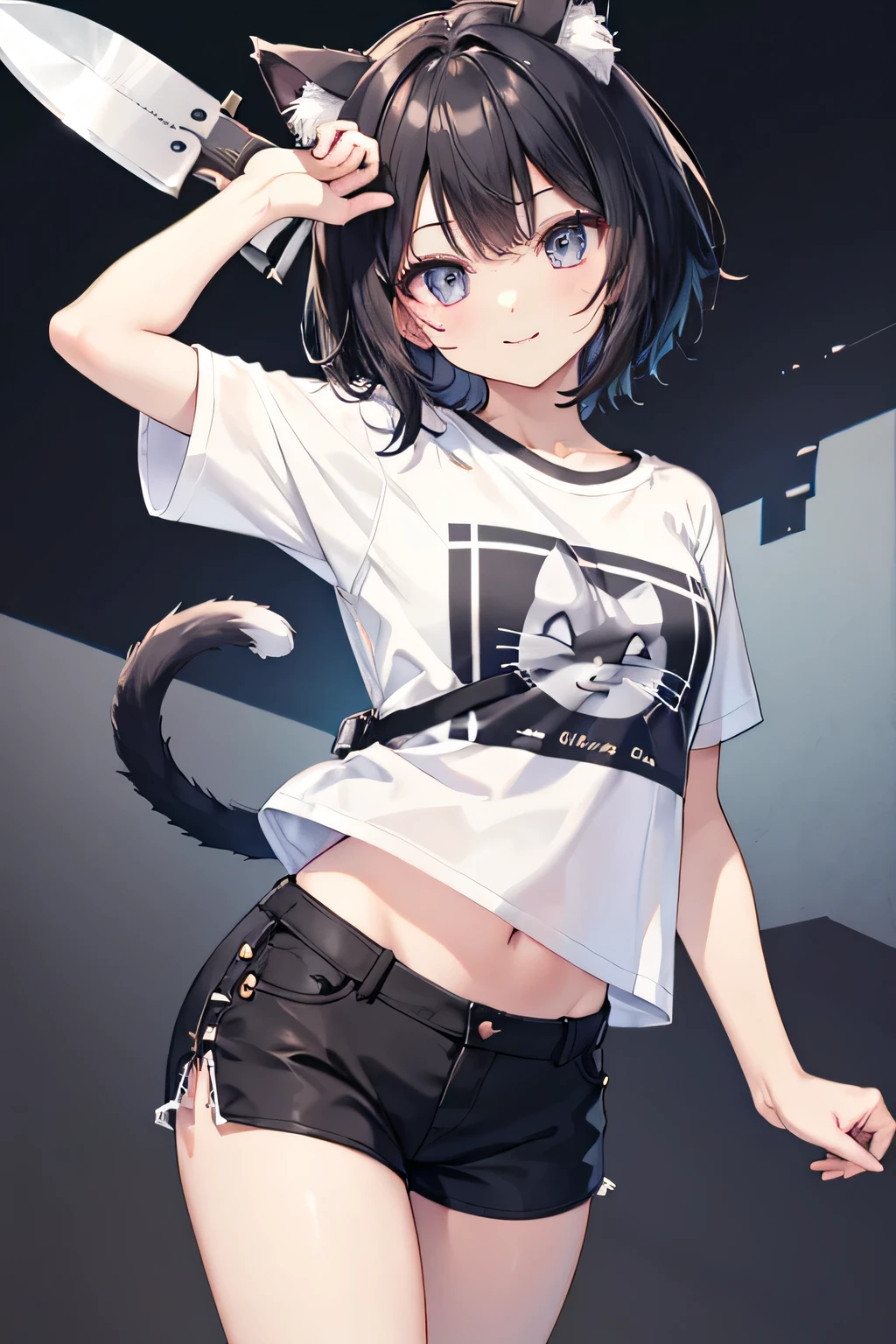 score_9, score_8_up, score_7_up, score_6_up, source anime, 1girl, short t-shirt, thighhighs, cat ears, cute, standing, cat tail, solo, tail covering crotch, bottomless, hands behind back, black hair, blue eyes, pants, with clothes