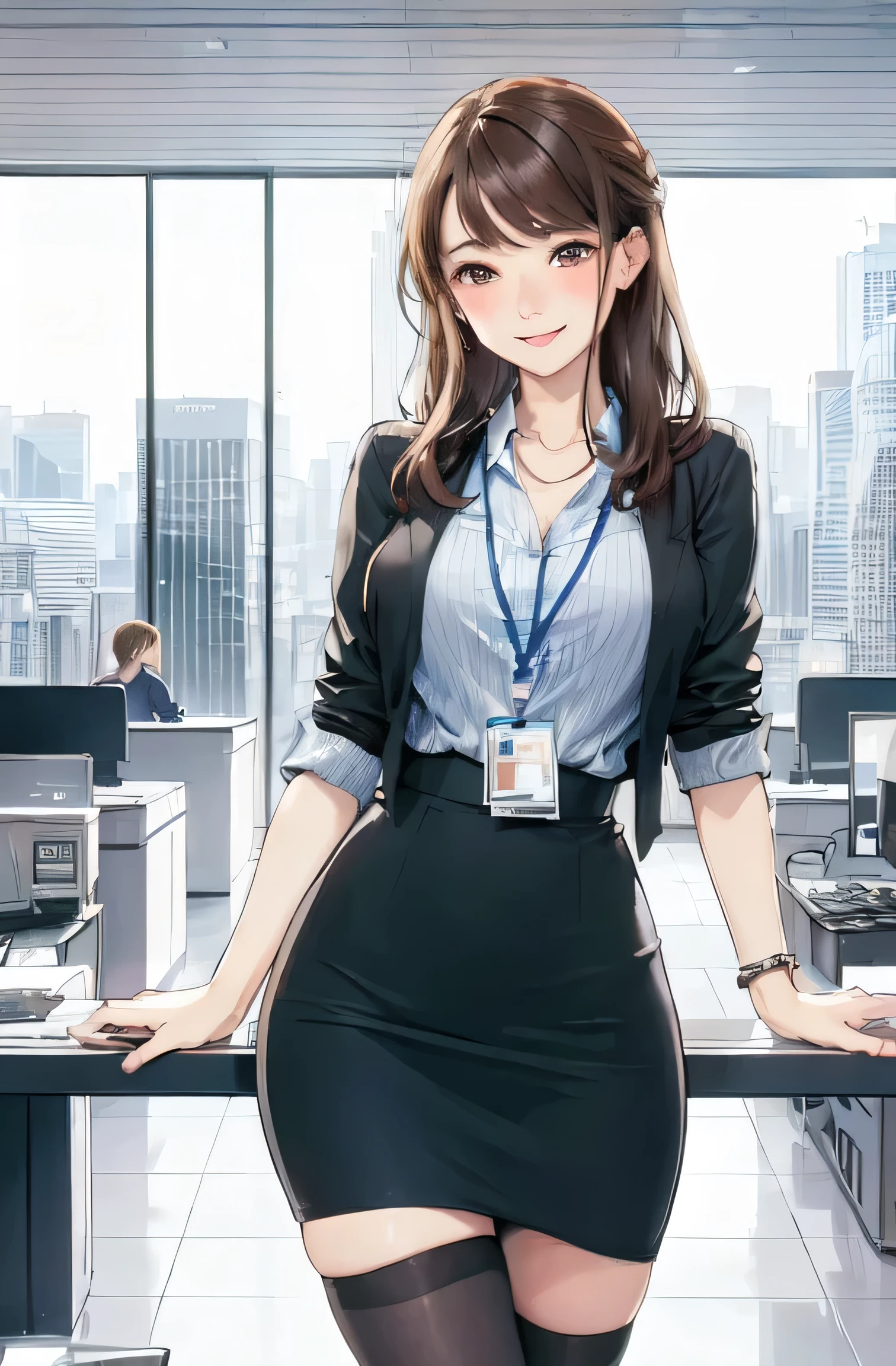 1 Woman Standing, /(casual shirt/) (Pencil Skirt:1.1) /(ID card strap/), Mature Woman, /(Brown Hair/) bangs, A gentle blushing smile, (Masterpiece of the highest quality:1.2) Delicate illustrations, super detailed, Flesh-colored stockings、Small breasted Blake /(Modern office indoors/), Skyscraper with windows