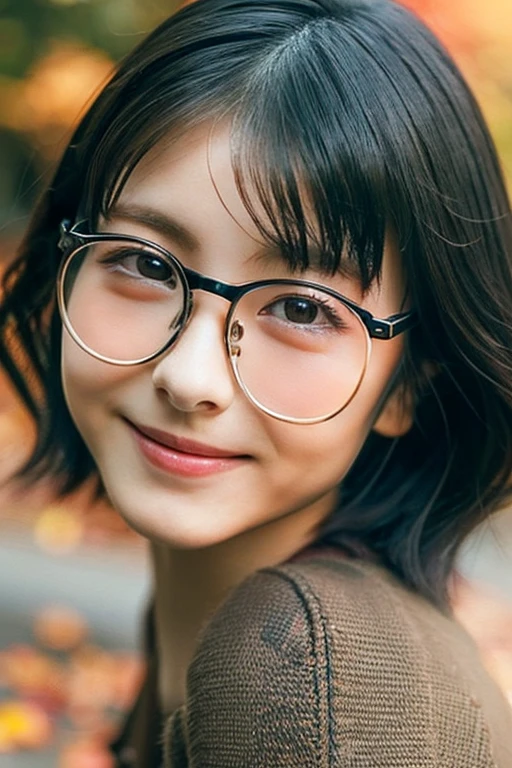 1 girl, (Wear casual fall clothes:1.2), (13 years old:1.5), Young Face, Cute face, (RAW Photos, highest quality), (Realistic, Photorealistic:1.4), Tabletop, Sharp focus, Very delicate and beautiful, Very detailed, 2k wallpaper, wonderful, finely, Very detailed CG Unity 8K 壁紙, Very detailed, High resolution, Soft Light, Beautiful detailed girl, Very detailed目と顔, Beautiful and detailed nose, Beautiful and beautiful eyes, Passing through the autumn streets, Cinema Lighting, Perfect Anatomy, Slender body, Straight Short Hair, Parted bangs, Big smile, Looking at the audience、Black-rimmed glasses
