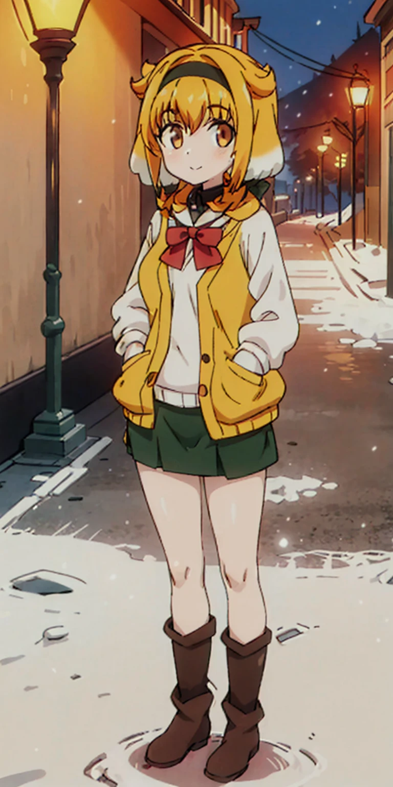 1girl, solo, lustful smirking smile face red cheeks, hands inside pockets, (winter outfit:1.2), STANDING STRAIGHT SYMMETRICAL LOOKING TO THE CAMERA (knit cardigan:1.1) (bowknot on cardigan:1.25) knee-length skirt (Ruffled hemline:1.3), winter boots, {delicate| detailed} clothes, (anatomically correct:1.34), close-up, full-body, looking at viewer, frontal, snowy street, (streetlight:1.17) NO background, unity 4k