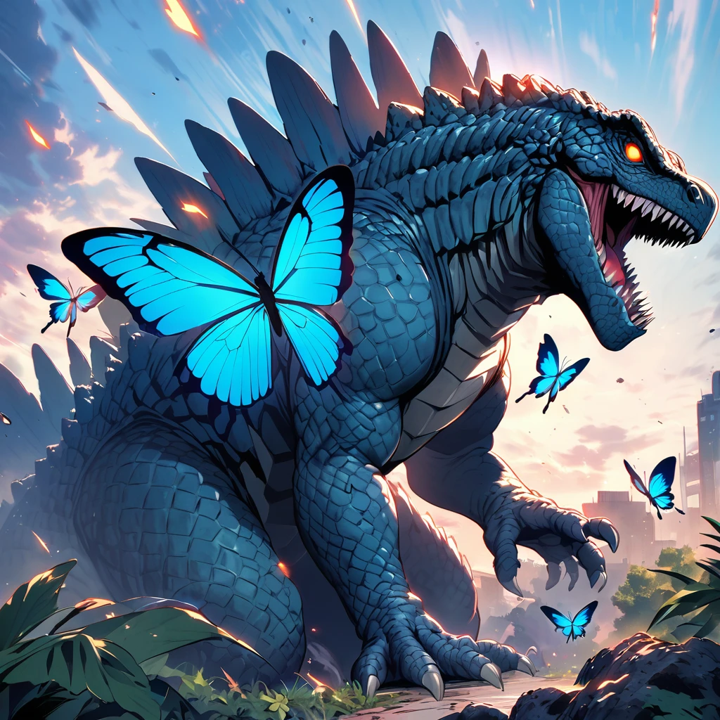 Godzilla's rampage is stopped when confronted by a huge neon 'Blue Butterfly'