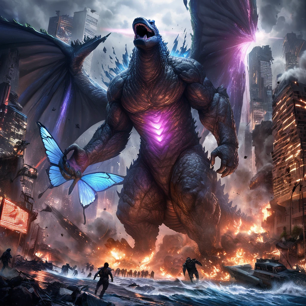(best quality,ultra-detailed,realistic:1.37),Godzilla,neon Blue Butterfly,city destruction,towering skyscrapers,giant monster,huge wings,glowing body,nighttime scene,chaos,emerging from the ocean,dramatic confrontation,epic battle,threatening presence,cityscape in ruins,destruction and chaos,people running in fear,explosions and smoke,massive destruction,flashing lights,blue neon lights,contrast of dark and bright,ominous atmosphere,overwhelming power,immense scale,dystopian future,the last hope,apocalyptic scene,desperate attempt to save the city,hopeful symbolism,neon city lights,desperation in the air,brave heroes,fighting against all odds,high-energy beam,godlike strength,raging fire,destructive force,iconic showdown,emotional intensity,astonishing spectacle,final battle,breathtaking climax.