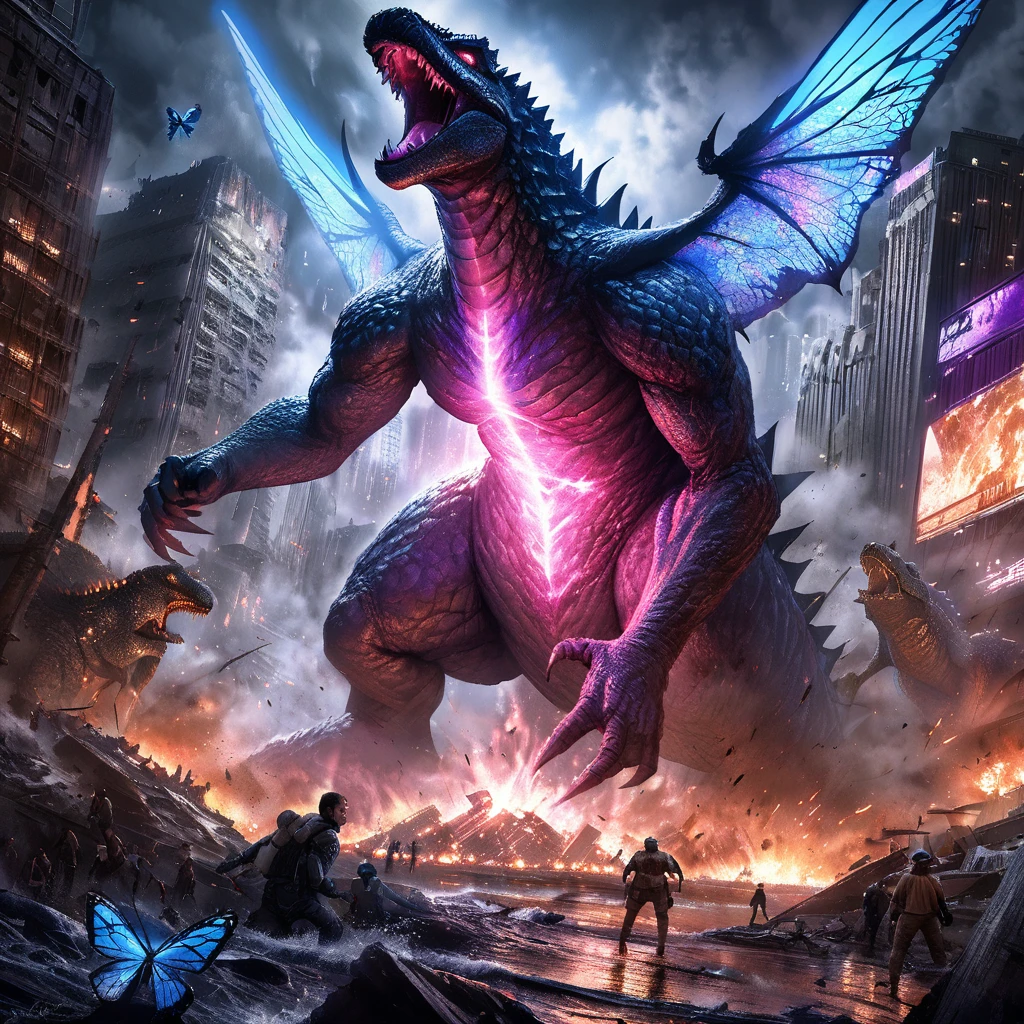 (best quality,ultra-detailed,realistic:1.37),Godzilla,neon Blue Butterfly,city destruction,towering skyscrapers,giant monster,huge wings,glowing body,nighttime scene,chaos,emerging from the ocean,dramatic confrontation,epic battle,threatening presence,cityscape in ruins,destruction and chaos,people running in fear,explosions and smoke,massive destruction,flashing lights,blue neon lights,contrast of dark and bright,ominous atmosphere,overwhelming power,immense scale,dystopian future,the last hope,apocalyptic scene,desperate attempt to save the city,hopeful symbolism,neon city lights,desperation in the air,brave heroes,fighting against all odds,high-energy beam,godlike strength,raging fire,destructive force,iconic showdown,emotional intensity,astonishing spectacle,final battle,breathtaking climax.