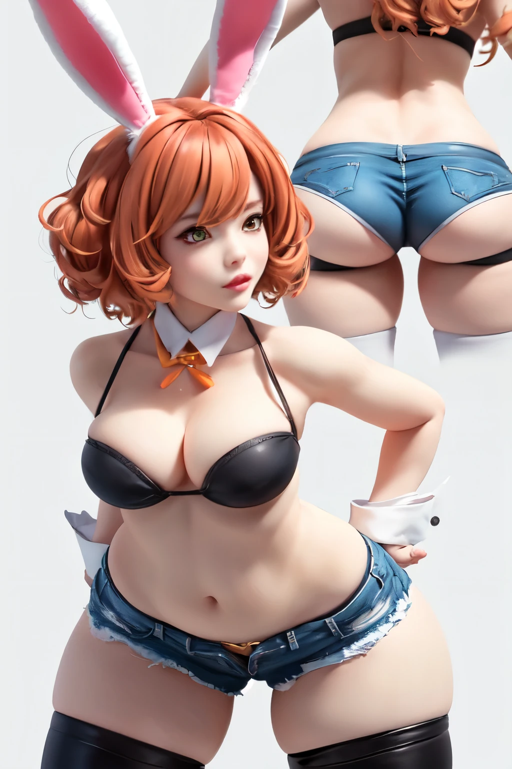 ((best quality)), ((masterpiece)), (detailed), perfect face, short hair, curly hair, ginger hair, large hips, big butt, thick thighs, bunny ears, overals, short shorts, thigh high socks, open legs