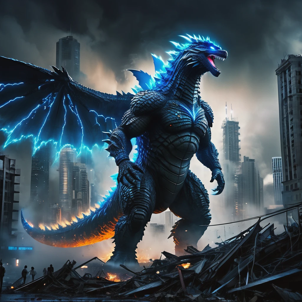 (best quality,ultra-detailed,realistic:1.37),Godzilla,neon Blue Butterfly,city destruction,towering skyscrapers,giant monster,huge wings,glowing body,nighttime scene,chaos,emerging from the ocean,dramatic confrontation,epic battle,threatening presence,cityscape in ruins,destruction and chaos,people running in fear,explosions and smoke,massive destruction,flashing lights,blue neon lights,contrast of dark and bright,ominous atmosphere,overwhelming power,immense scale,dystopian future,the last hope,apocalyptic scene,desperate attempt to save the city,hopeful symbolism,neon city lights,desperation in the air,brave heroes,fighting against all odds,high-energy beam,godlike strength,raging fire,destructive force,iconic showdown,emotional intensity,astonishing spectacle,final battle,breathtaking climax.