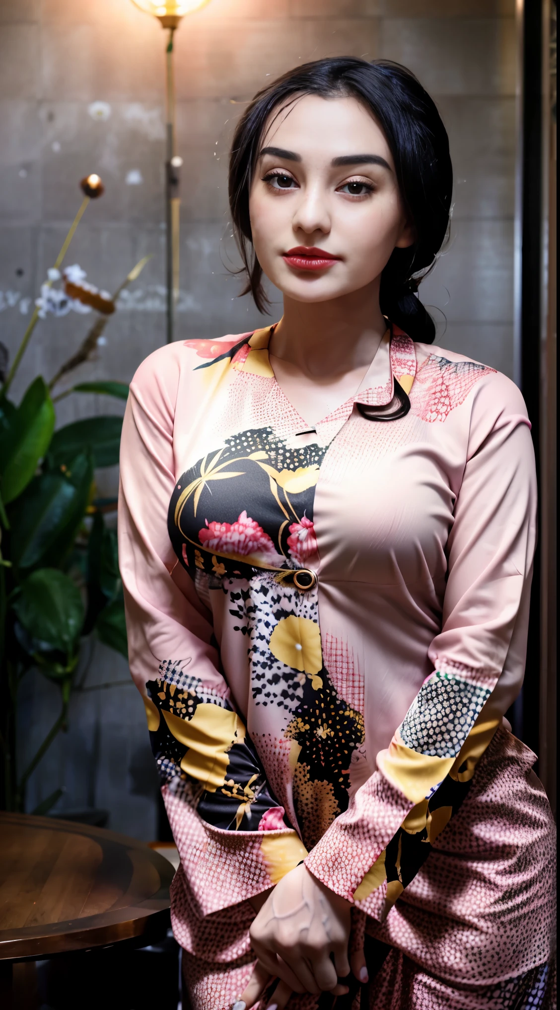 A photo of a young, nerdy malay woman in hijab sitting in a starbuck cafe with 1 malay men in office suit standing behind, big breast, woman wearing pastel floral pattern baju kurung, surrounded by a cozy atmosphere, cool ambient, looking at the viewer. (Detail skin:1.3), haired hand,
Hijab, slender, red lips, flirting with the camera