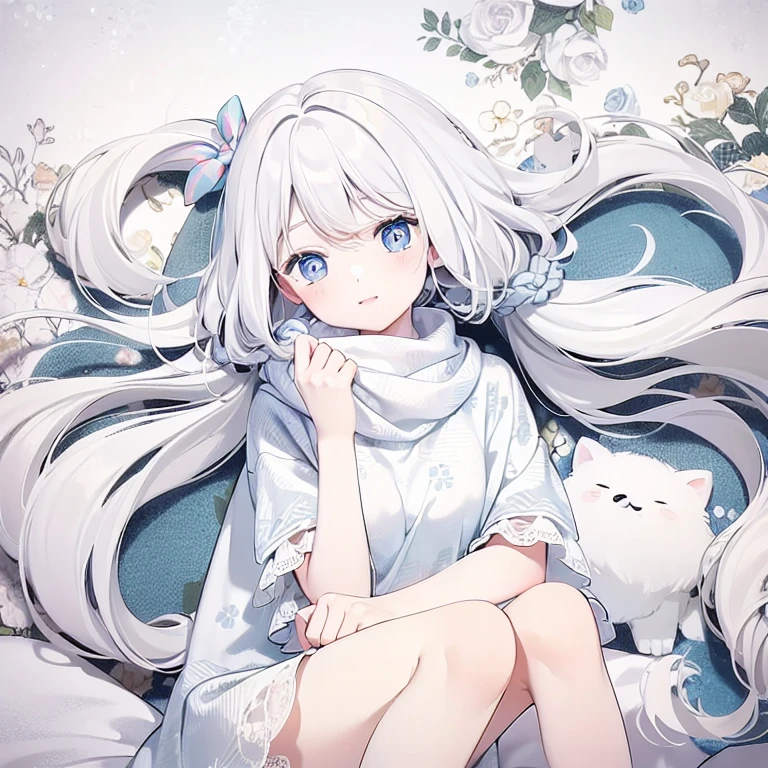 ((masterpiece, best quality))++, Detail Light+, Detailed hair+, Detail hand+ ,1 girl, Long gray hair, Deep blue eyes, beautiful eyes, young white hair,,(Beautiful white hair:1.5),(beautiful eyes), high resolution+, , glass tint, Reflective eyeanyery detail wallpaper, Original, ,scarf ,,Single ponytail,,A girl sleeping at home,wearing pajamas,Close your eyes,warm color,city View,Alice in wonderland