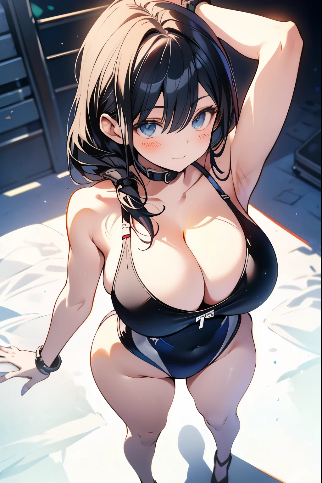 ((beautiful armpits:2.0)), (1girl:1.5),(bedroom:2.0),((beautiful detailed skin:2.0)),(((medium hair:1.3,black hair:1.5))),(black eyes:2.0),((beautiful detailed eyes:2.0)),((beautiful detailed face:2.0)),(from directly above:2.5),(under breasts:2.0),(Smile Beam:1.5),((huge breasts:2.5)),(huge saggy breasts:2.5), ((cleavage:3.0)),((competition swimsuit:2.0)),((High leg:1.5),20 years old,masterpiece,hyper quality, very detailed,perfect picture,3D,8k,High resolution,seductive anime girl, sporty hairstyle,Smooth anime CG art,