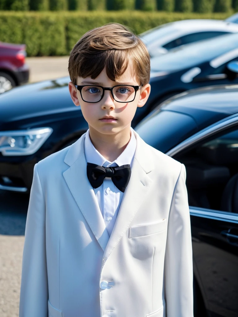 Very detailed masterpiece A boy white skin light brown hair blue eyes very fine features wearing very formal clothes very elegant standing in front of a large black car very elegant wearing very discreet glasses looking sad and thoughtful, muy serio muy triste mucho muy serio