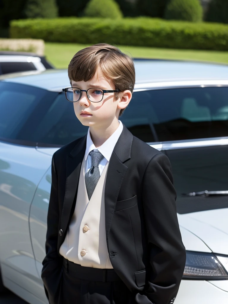 Very detailed masterpiece A ten year old boy white skin light brown hair blue eyes very fine features wearing very formal clothes very elegant standing in front of a large black car very elegant wearing very discreet glasses looking sad and thoughtful, muy serio muy triste mucho muy serio