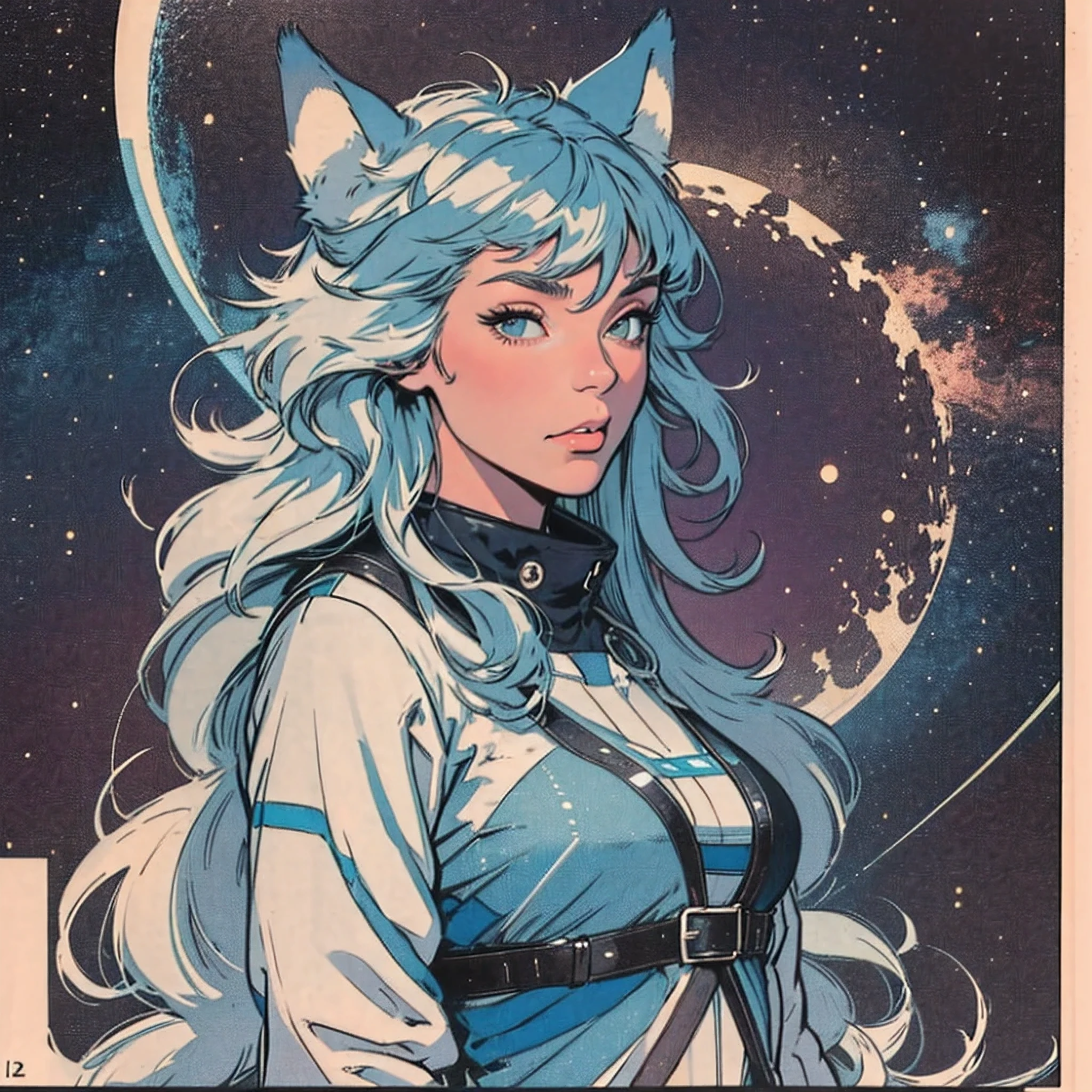 ultimate best quality,beautiful woman,speech bubble,big brest,galaxy,60s,70s,80s,colorful,cosmo,space,((wolf)),