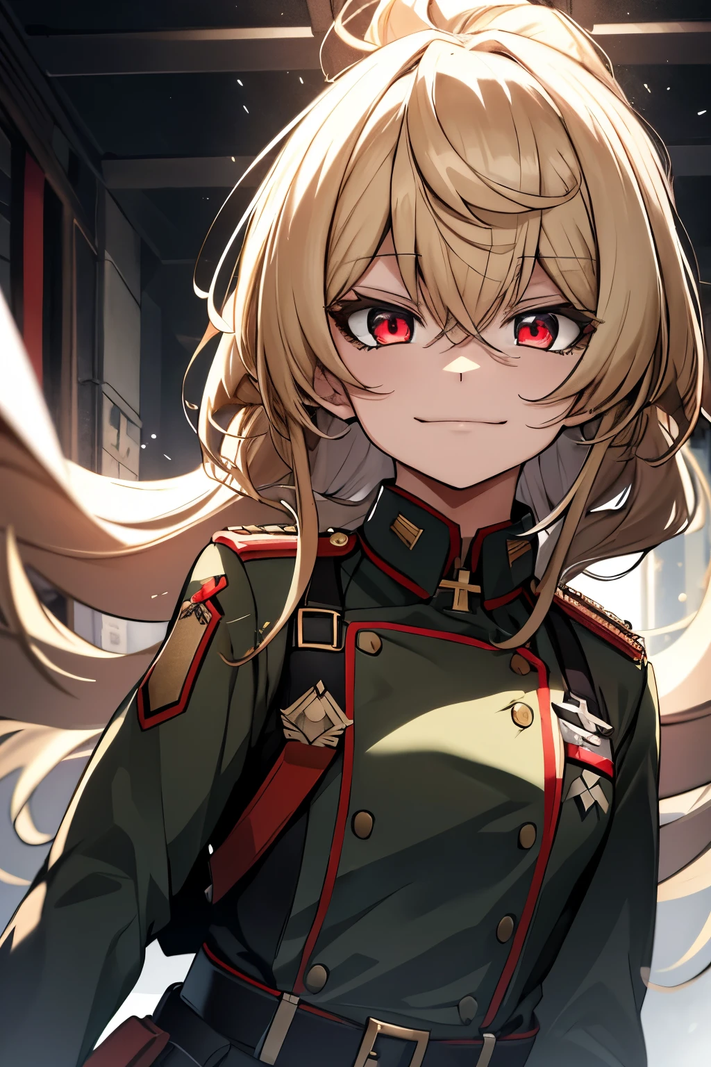 (masterpiece, best quality: 1.1), 1girl solo, tanya, 1girl, solo, , flat chest, small breasts, curvy, military, military uniform, ,, evil smile, wicked expression, anger, red eyes, neutral lighting