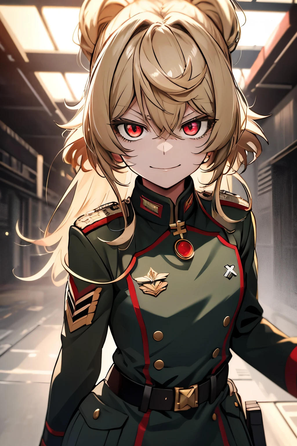 (masterpiece, best quality: 1.1), 1girl solo, tanya, 1girl, solo, , flat chest, small breasts, curvy, military, military uniform, ,, evil smile, wicked expression, anger, red eyes, neutral lighting