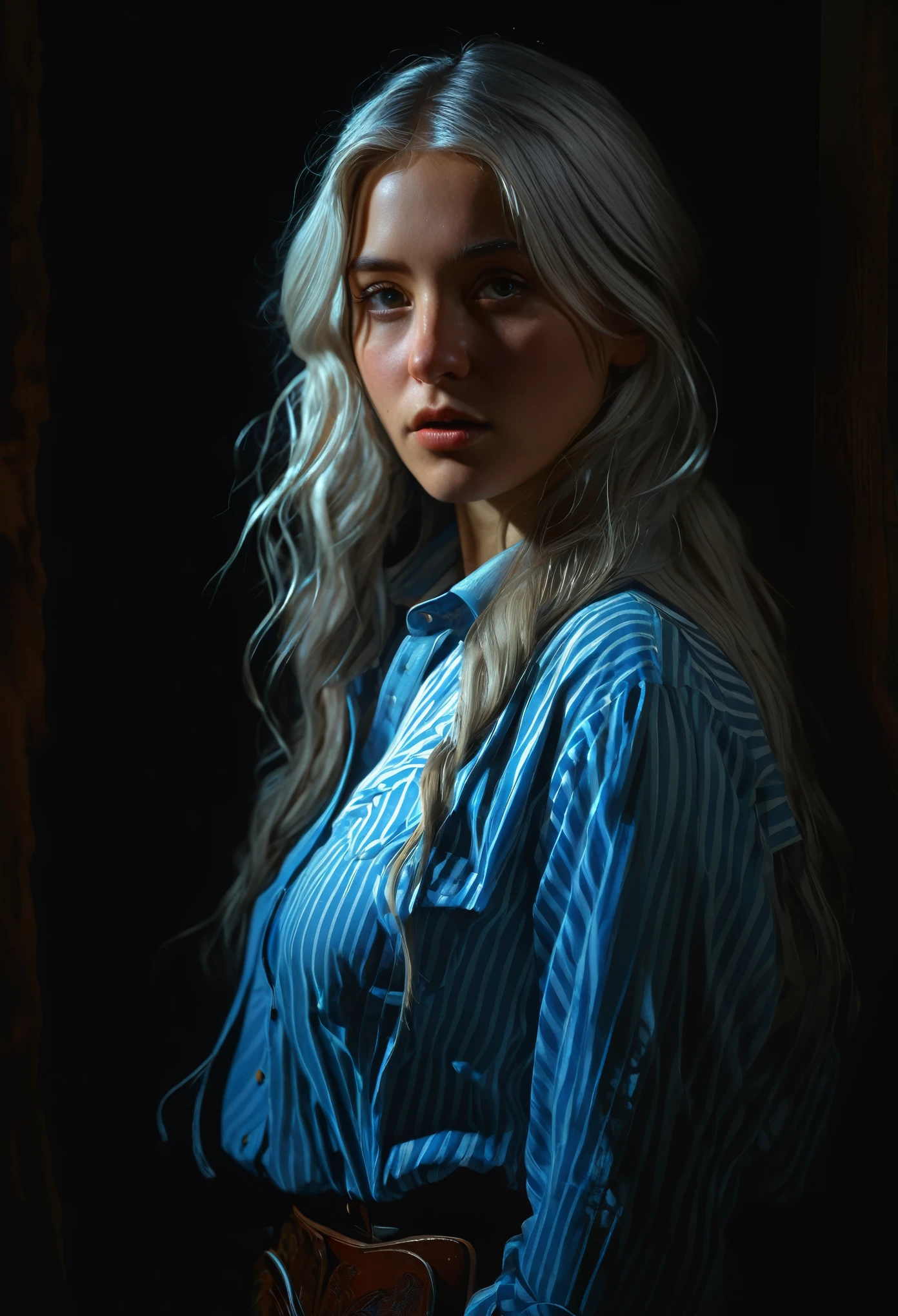 (front focus), (in the dark:1.6), Hyperrealist portrait of female by david hockney and alphonse mucha, fantasy art, photo realistic, dynamic lighting, artstation, poster, volumetric lighting, very detailed faces, 4 k, award winning, 1girl, in the dark, deep shadow, low key, cowboy shot, (official clothing:1.4), long hair, white hair