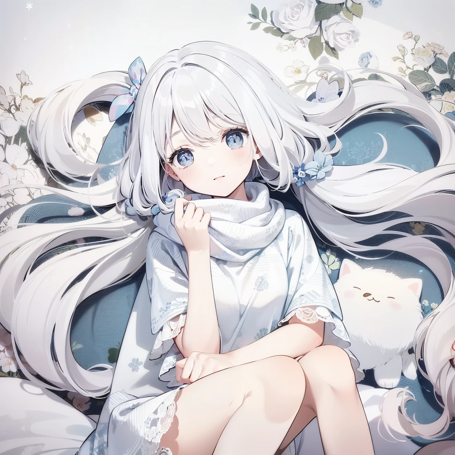 ((masterpiece, best quality))++, Detail Light+, Detailed hair+, Detail hand+ ,1 girl, Long gray hair, Deep blue eyes, beautiful eyes, young white hair,,(Beautiful white hair:1.5),(beautiful eyes), high resolution+, , glass tint, Reflective eyeanyery detail wallpaper, Original, ,scarf ,,Single ponytail,,A girl sleeping at home,wearing pajamas,Close your eyes,warm color,city View,Alice in wonderland