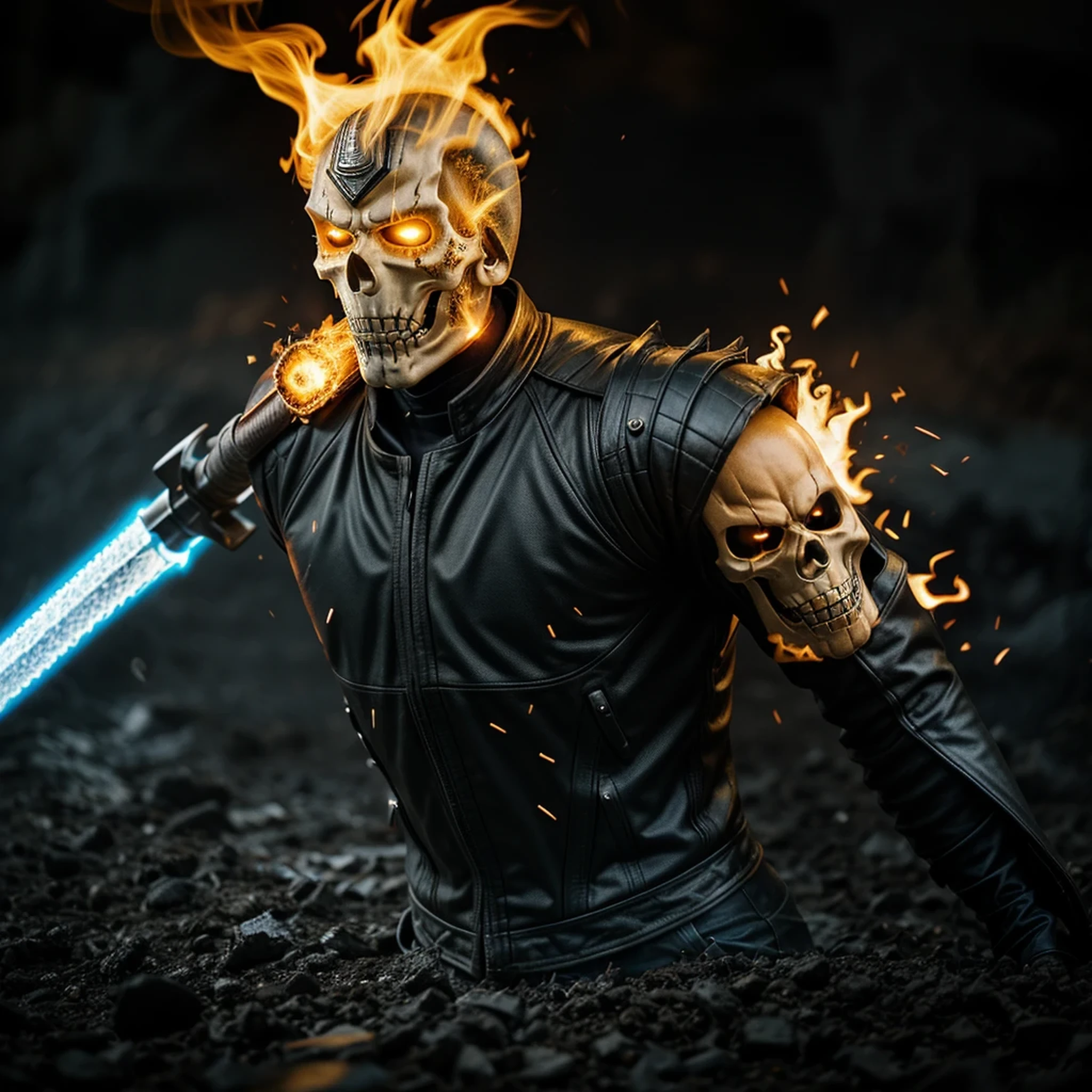 Close-up (Ghost Rider from Marvel in Viking style: 1.3) emerging from wet black mud, extremely detailed, smoke, sparks, metal shavings, flying debris, volumetric light