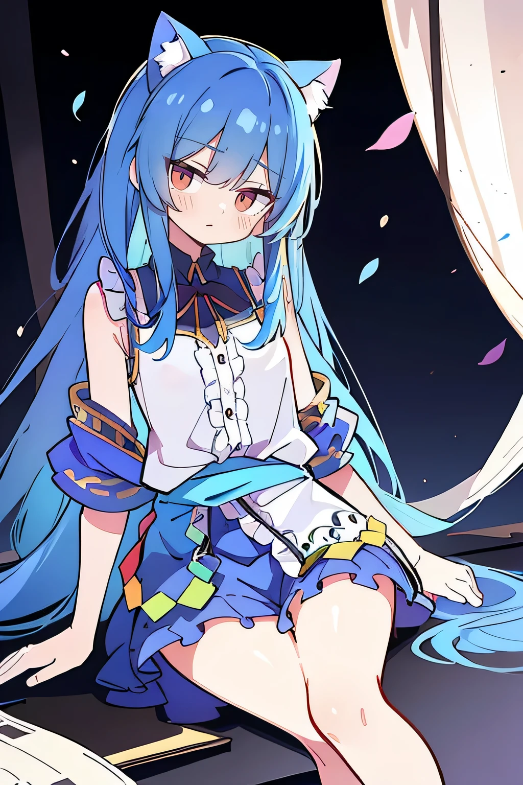 (masterpiece:1.2),ultra-detailed,realistic,expressive eyes,fair-skinned,perfectly shaped face,1girl,
Japanese cartoons,Gorgeous blue hair, flowing blue hair,floating clothes,cat ears,petals falling,beautiful Lola,Hina Angel,
hands on waist,gracefully sitting on the ground,legs crossed,gentle and serene background,cool and comfortable pavilion,shy face ,night .