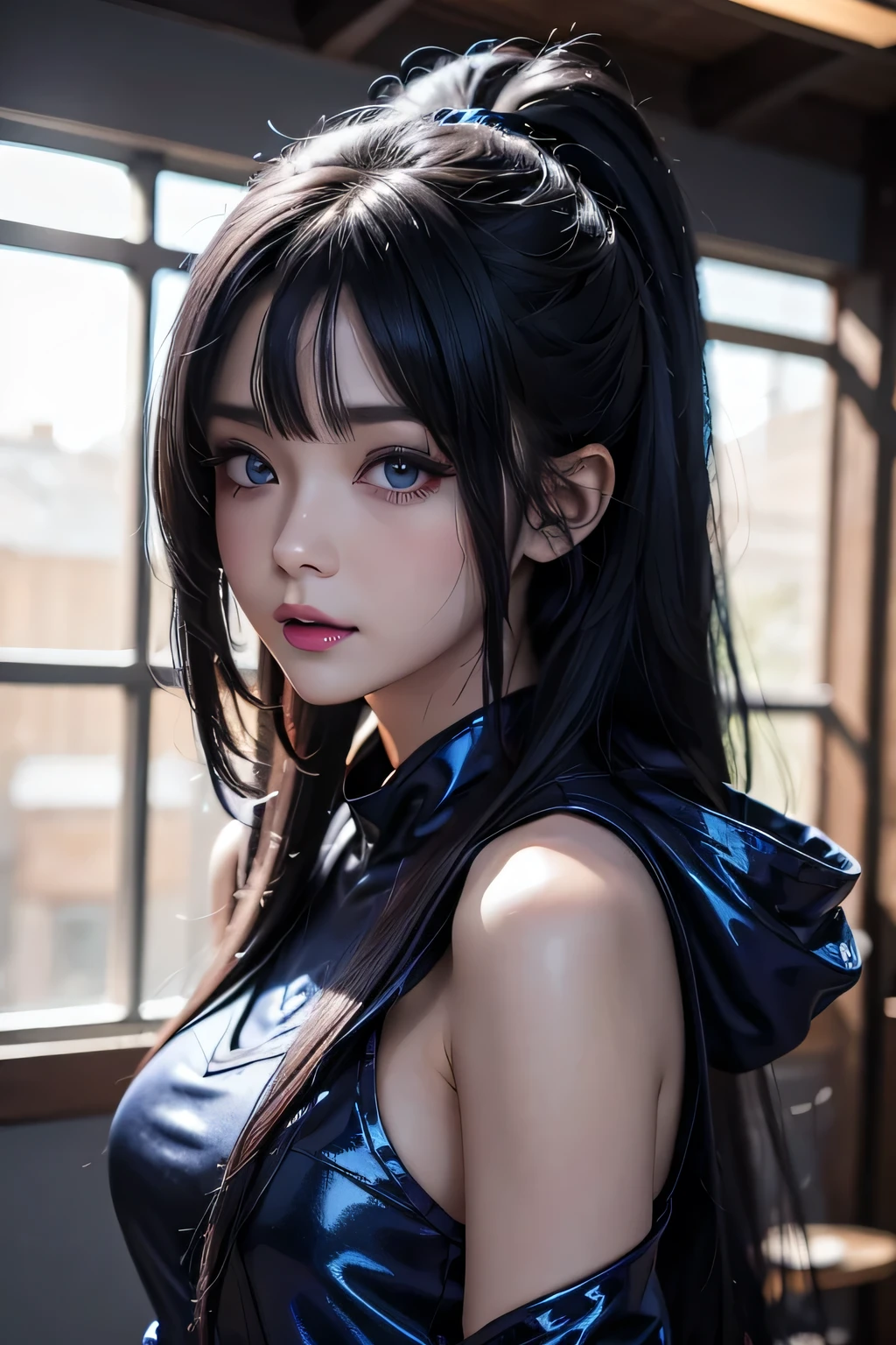 One girl　Russian　Flat Chest　（（China dress））　　Small Boobs　town　Gravure pose　Young face　Firm Skin　Beauty　high resolution　High precision　Two-tone with black and blue hair　　Detailed skin　16 years old　Red eyes　Detailed face　　whole body　smile　Double teeth　（Bobcut）　　明るいsmile　