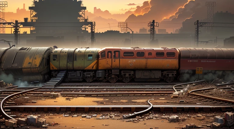 a close up of a railway track, grimy streets backdrop, beautiful detailed pixel art, city ruins background, ruined cityscape, railway background, background is a city in ruins, post - apocalyptic railway, outdoors ruined cityscape, detailed pixel art, destroyed city in the background, ruined city in the background