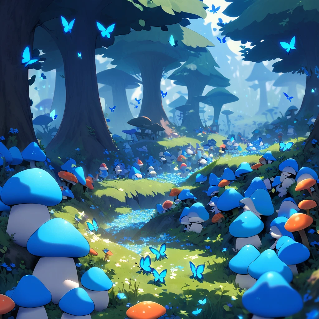 Smurfs play is a mushroom village, they are setting out food for the swarm of phosphorescent 'Blue Butterflies' which have swarmed their village.