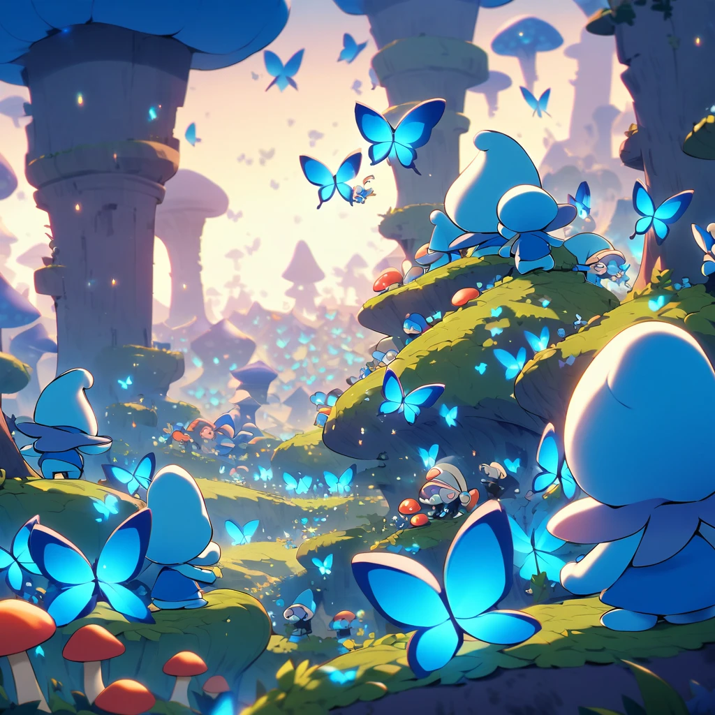 Smurfs play is a mushroom village, they are setting out food for the swarm of phosphorescent 'Blue Butterflies' which have swarmed their village.